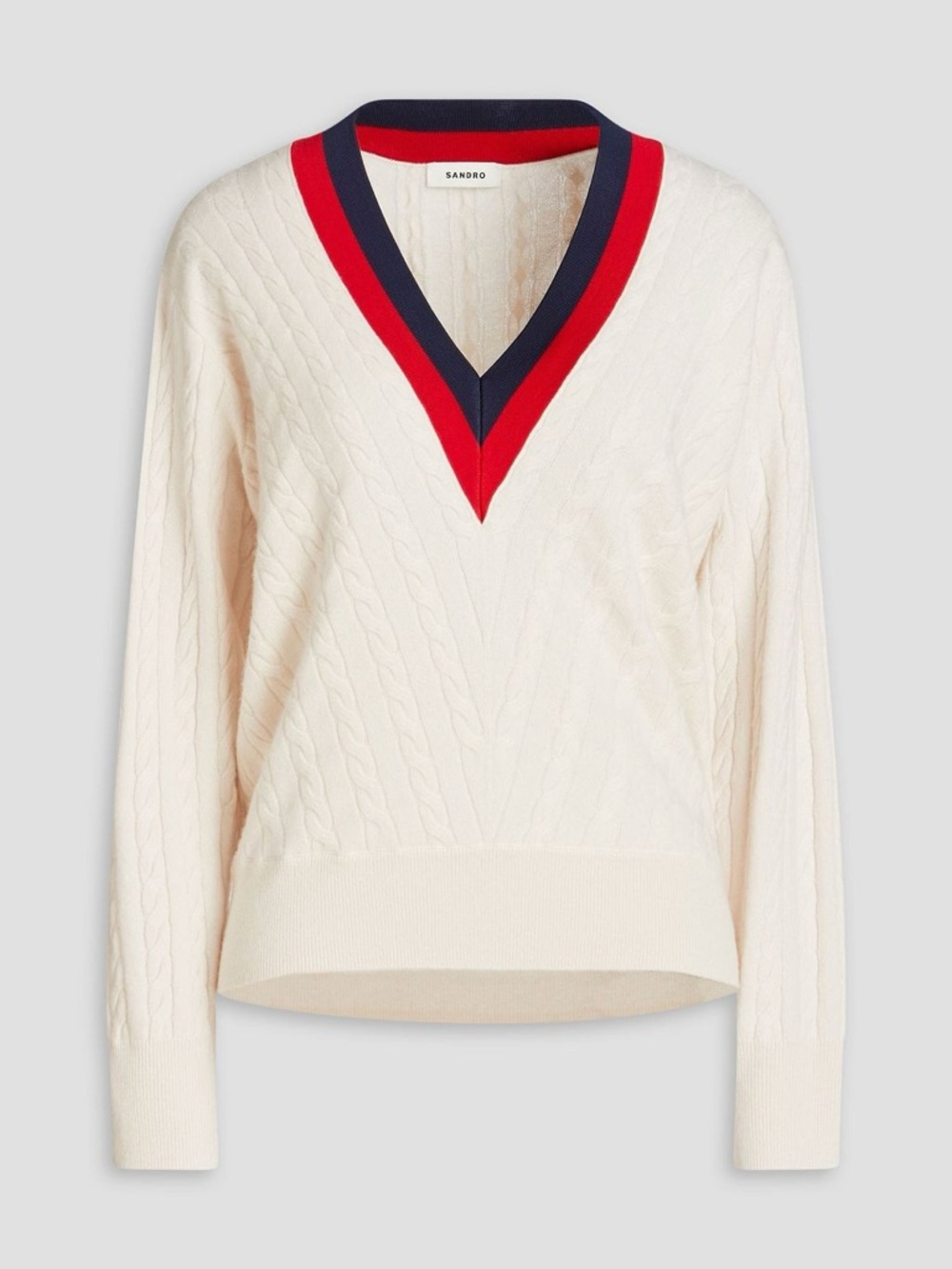 Sandro Cream Cable Knit V-Neck Sweater with Red and Navy Trim